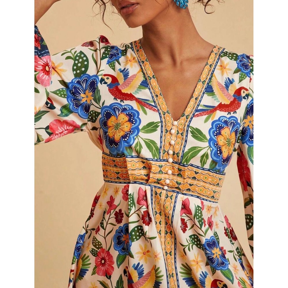Tropical Parrot Floral Print V-Neck Balloon Sleeve Mini Dress Ivory Large - Picture 4 of 11